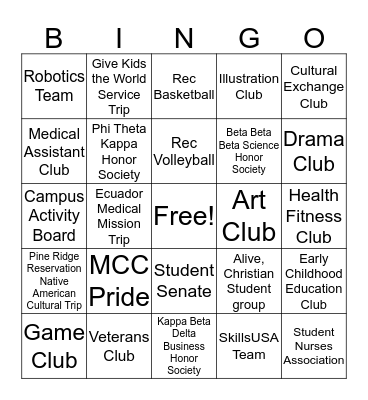 MCC Student Activity Bingo Card