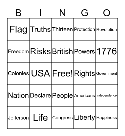 Declaration of Independence Bingo Card