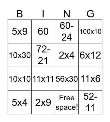 Maths bingo Card