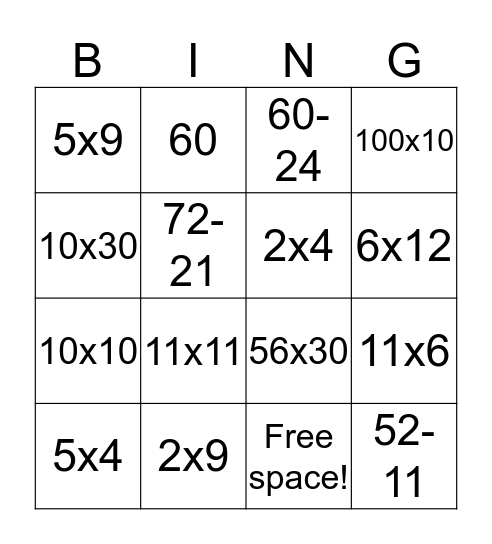 Maths bingo Card