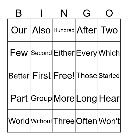 1st Bingo Card