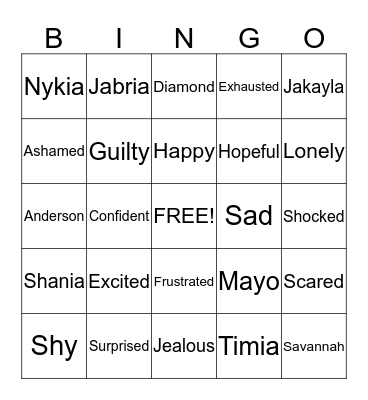 feelings bingo Card