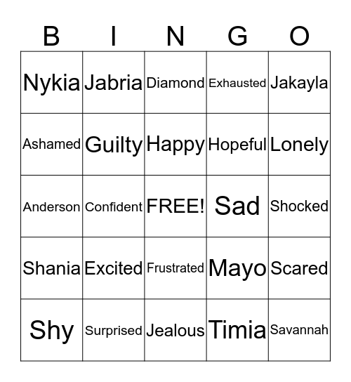 feelings bingo Card