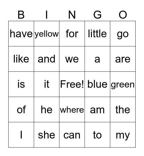 Sight Words Bingo Card