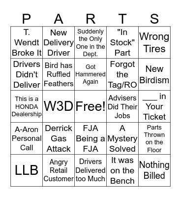 Parts Department Bingo Card
