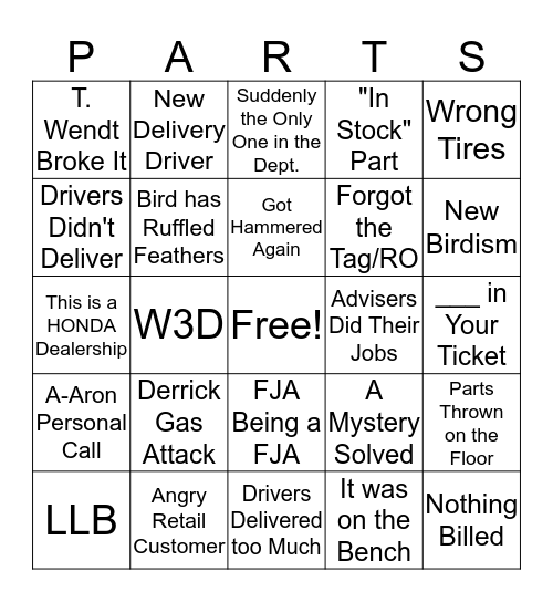 Parts Department Bingo Card