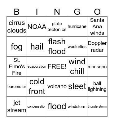 Weather Bingo Card