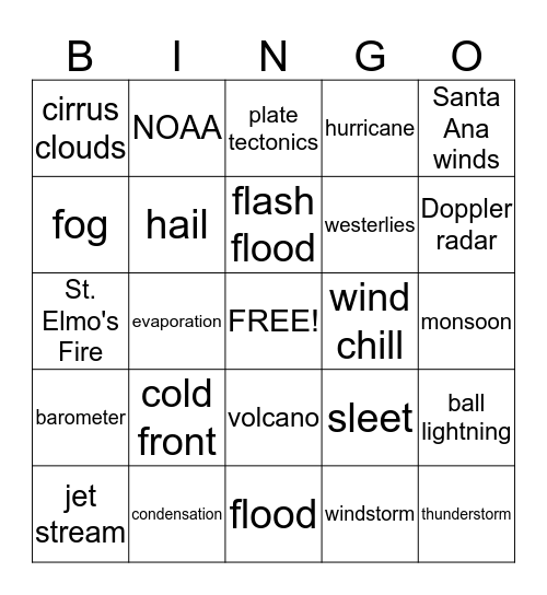 Weather Bingo Card