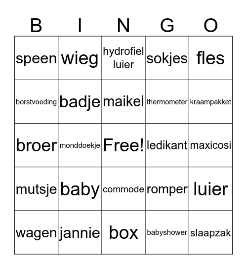 Jannie's Babyshower Bingo Card