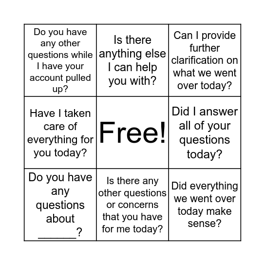 DSL Call Ending Bingo Card