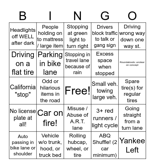 Albuquerque Driving  Bingo Card