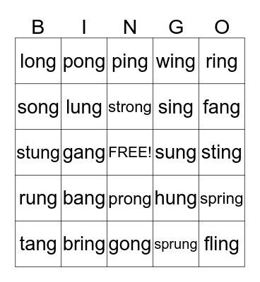 -ang   -ing   -ung   -ong  Bingo Card