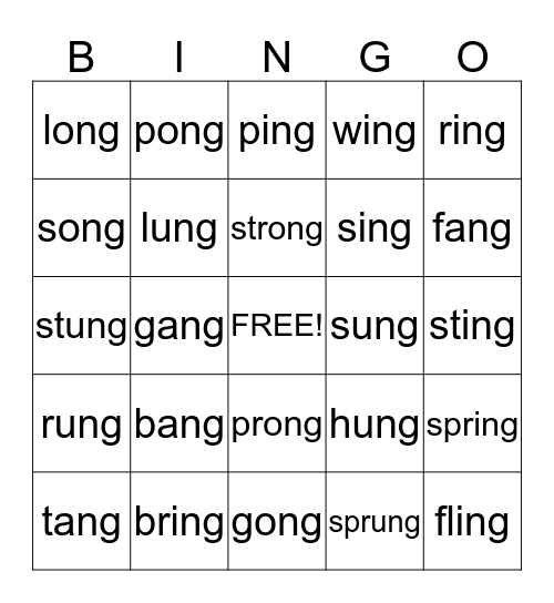 -ang   -ing   -ung   -ong  Bingo Card
