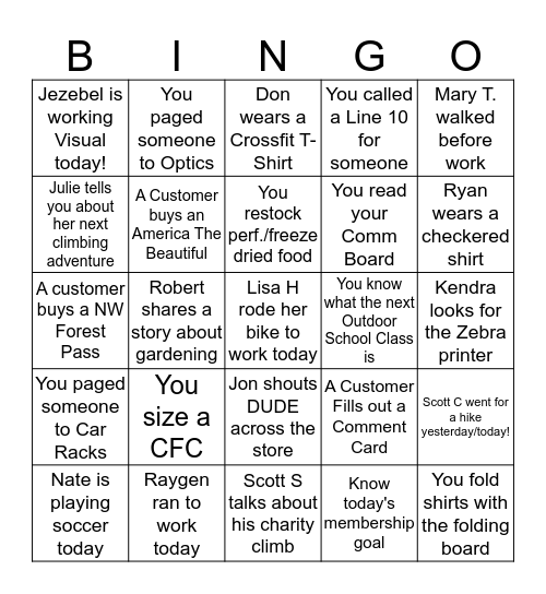 Wednesday REI Bingo Card