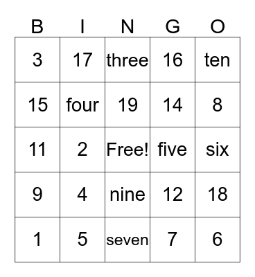 Number Bingo Card