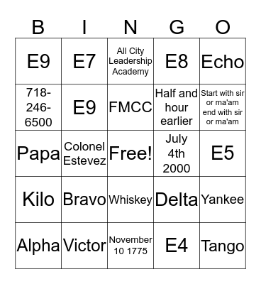 Cadets Bingo Card