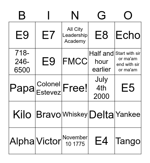 Cadets Bingo Card