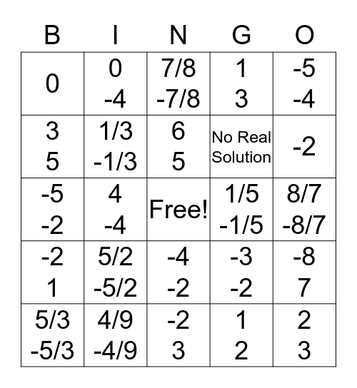 Solving quadratics Bingo Card