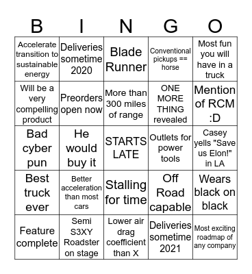TESLA PICKUP UNVEIL BINGO Card