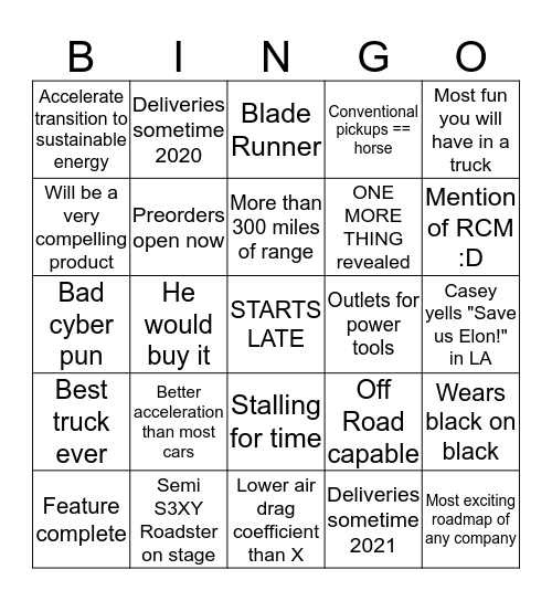 TESLA PICKUP UNVEIL BINGO Card