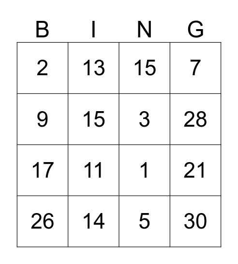 Number Facts Bingo Card