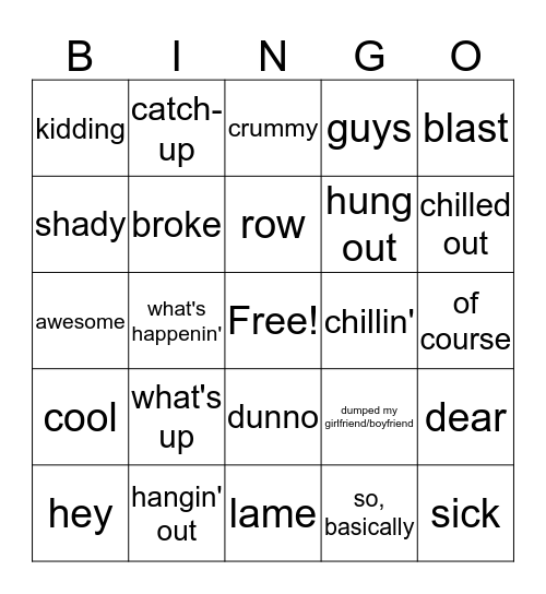 ESL Slang Bingo Card