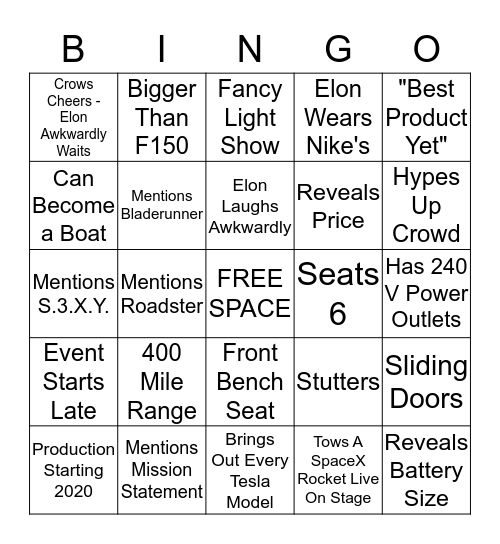 Tesla Cybertruck Event Bingo Card