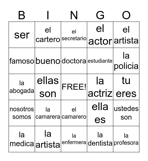 Vocabulario con "ser" Bingo Card