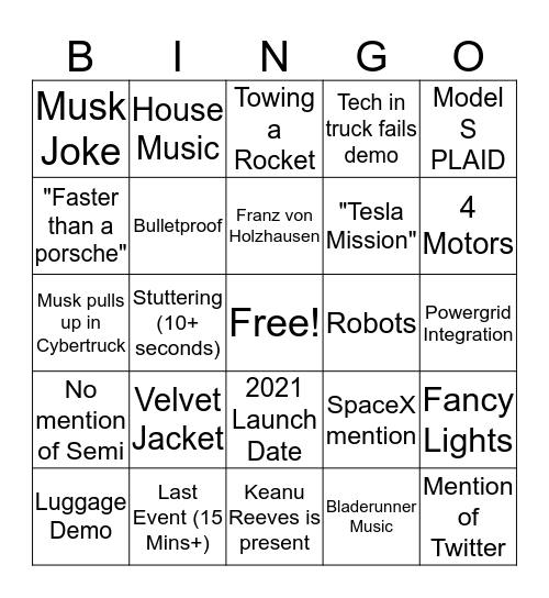 Elong Cybertruck Bingo Card