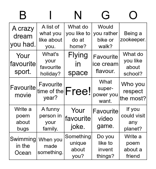 Write About... Bingo Card