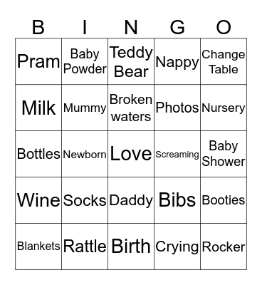 Tanya's Baby Shower  Bingo Card