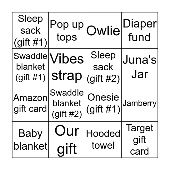 Jessica's baby bingo Card