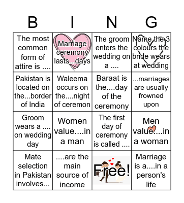 Traditional Pakistan Courtship & Marriage Bingo Card