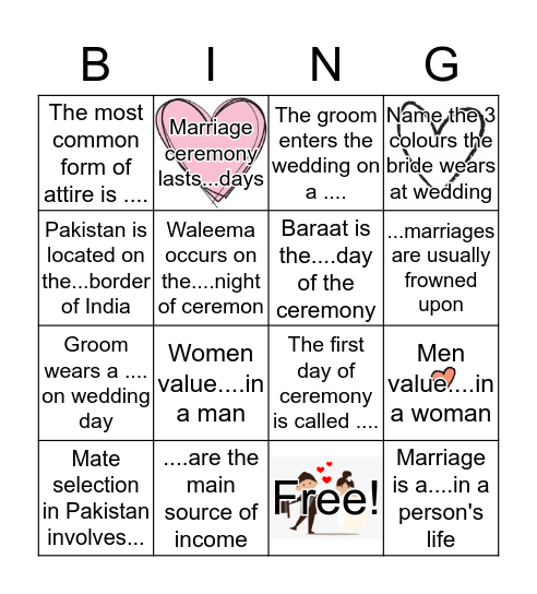 Traditional Pakistan Courtship & Marriage Bingo Card