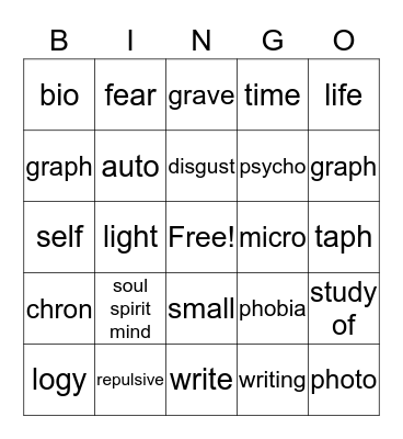 Vocabulary Bingo Card