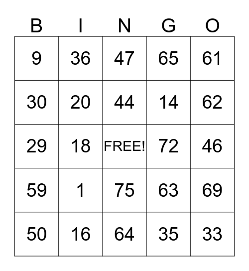 Five Staar Bingo Card