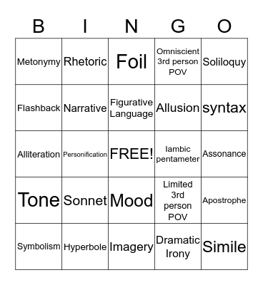 Literary Bingo Card