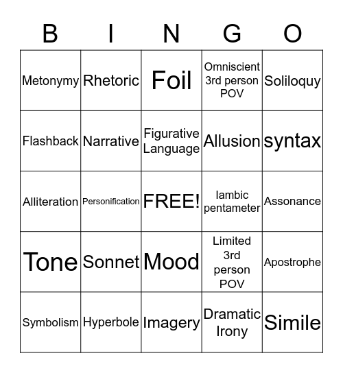 Literary Bingo Card