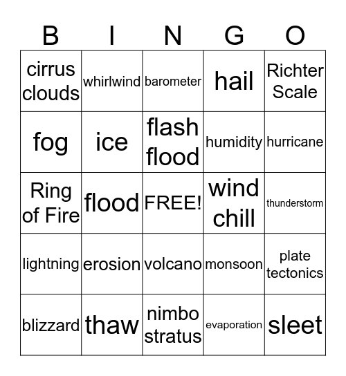 Weather Bingo Card