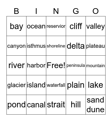 Landforms and Bodies of Water Bingo Card