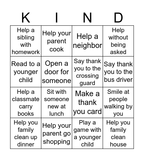 Thanksgiving Kindness Bingo Card