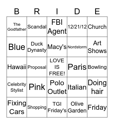 Crystal's Bridal Shower Bingo Card