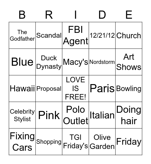 Crystal's Bridal Shower Bingo Card