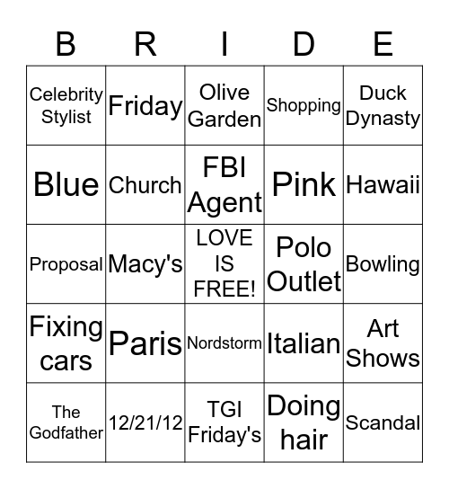 Crystal's Bridal Shower Bingo Card