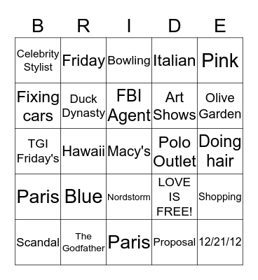 Crystal's Bridal Shower Bingo Card