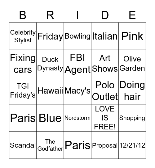 Crystal's Bridal Shower Bingo Card