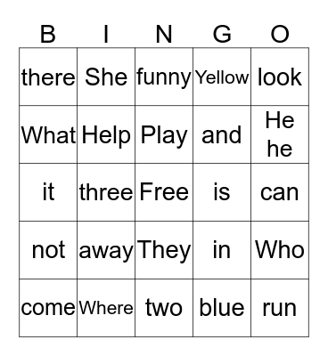 Sight Words Bingo Card