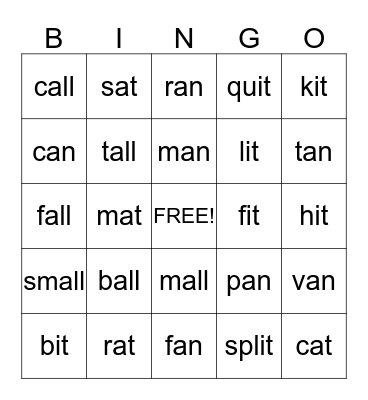 Word Family Bingo Card