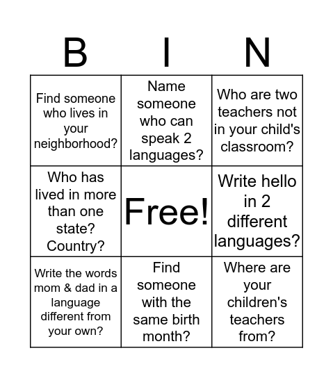 Family Fun Day Bingo!  Bingo Card