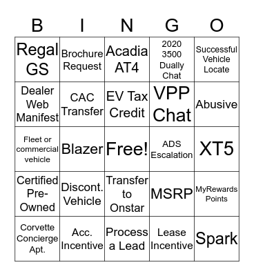 Shadowing Bingo Card